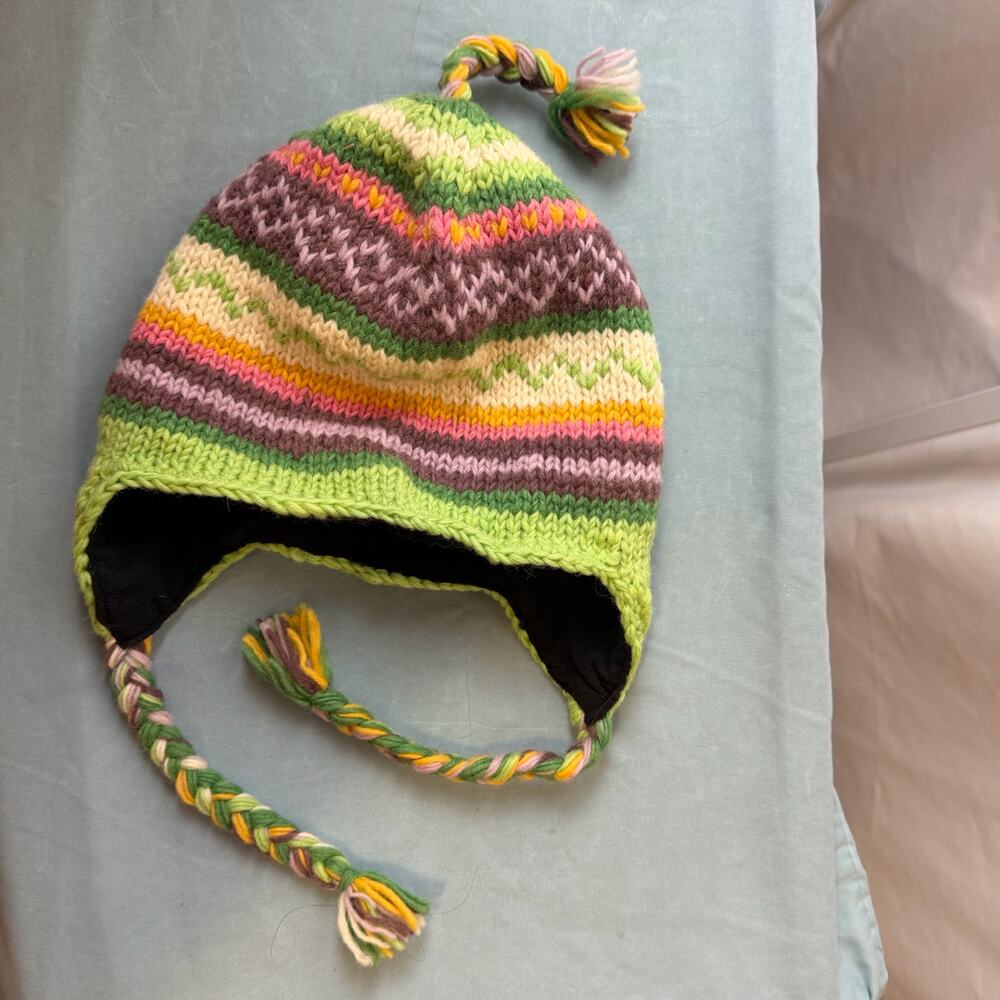 Ginger Blossom Wool Knit Earflap Hat Nepal Braided Tassel Lined Beanie
